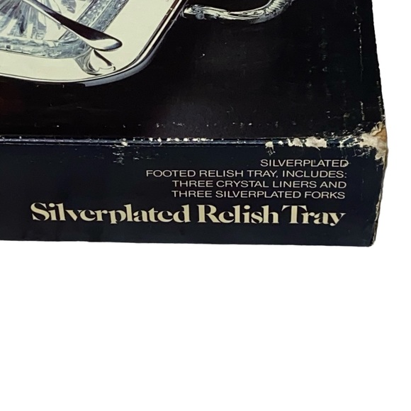 Vtg Leonard 7pc Silverplate Relish Serving Tray Glass Dishes Forks MIB - Picture 14 of 16